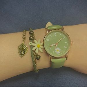 Flower bracelet set with green and gold watch
